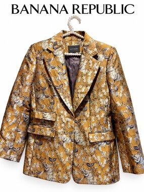 Banana Republic Eclat Brocade Blazer 10 Gold Floral Metallic Jacquard